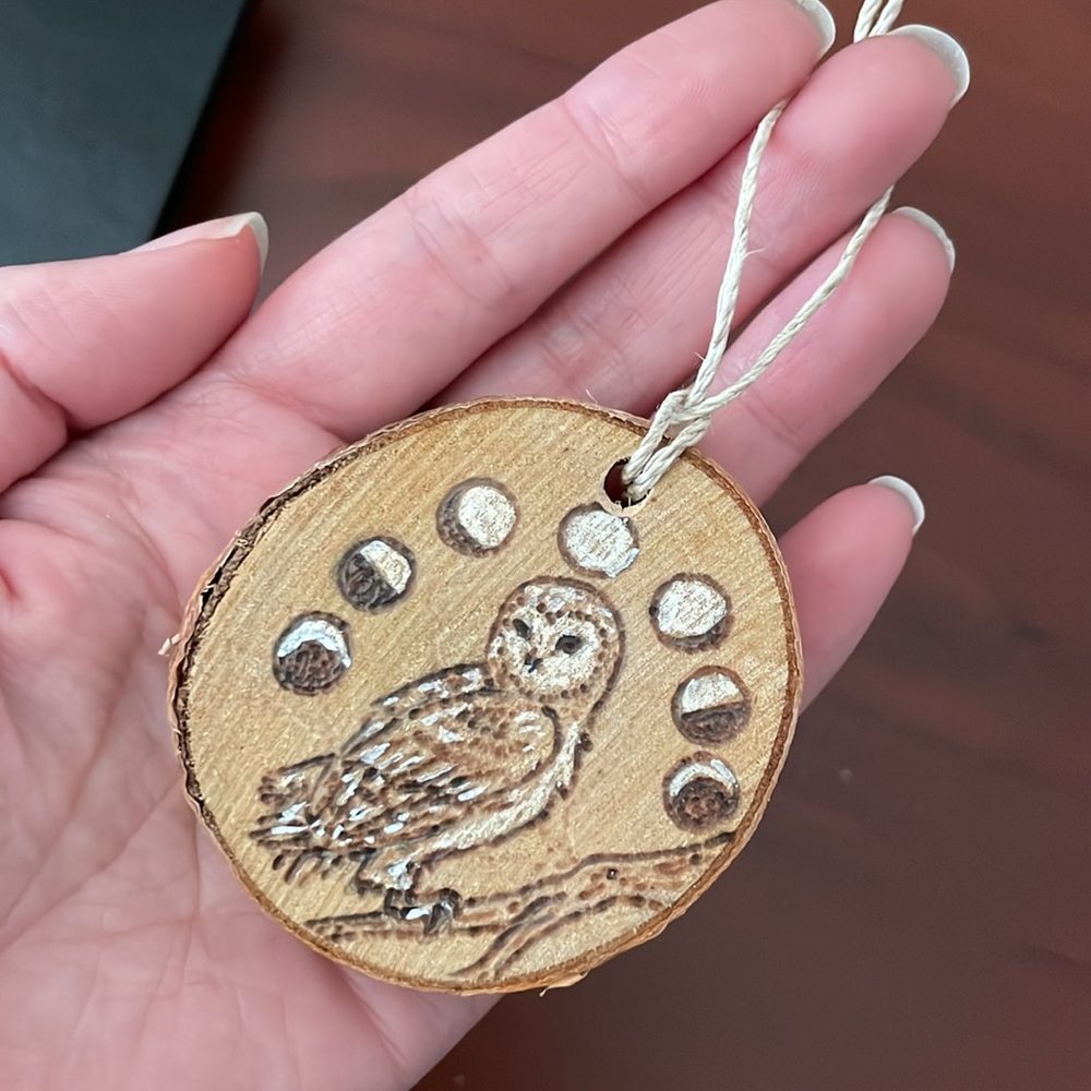 2" Witchy Woodburned Wooden Barn Owl & Moon Phases Birch Wood Ornament